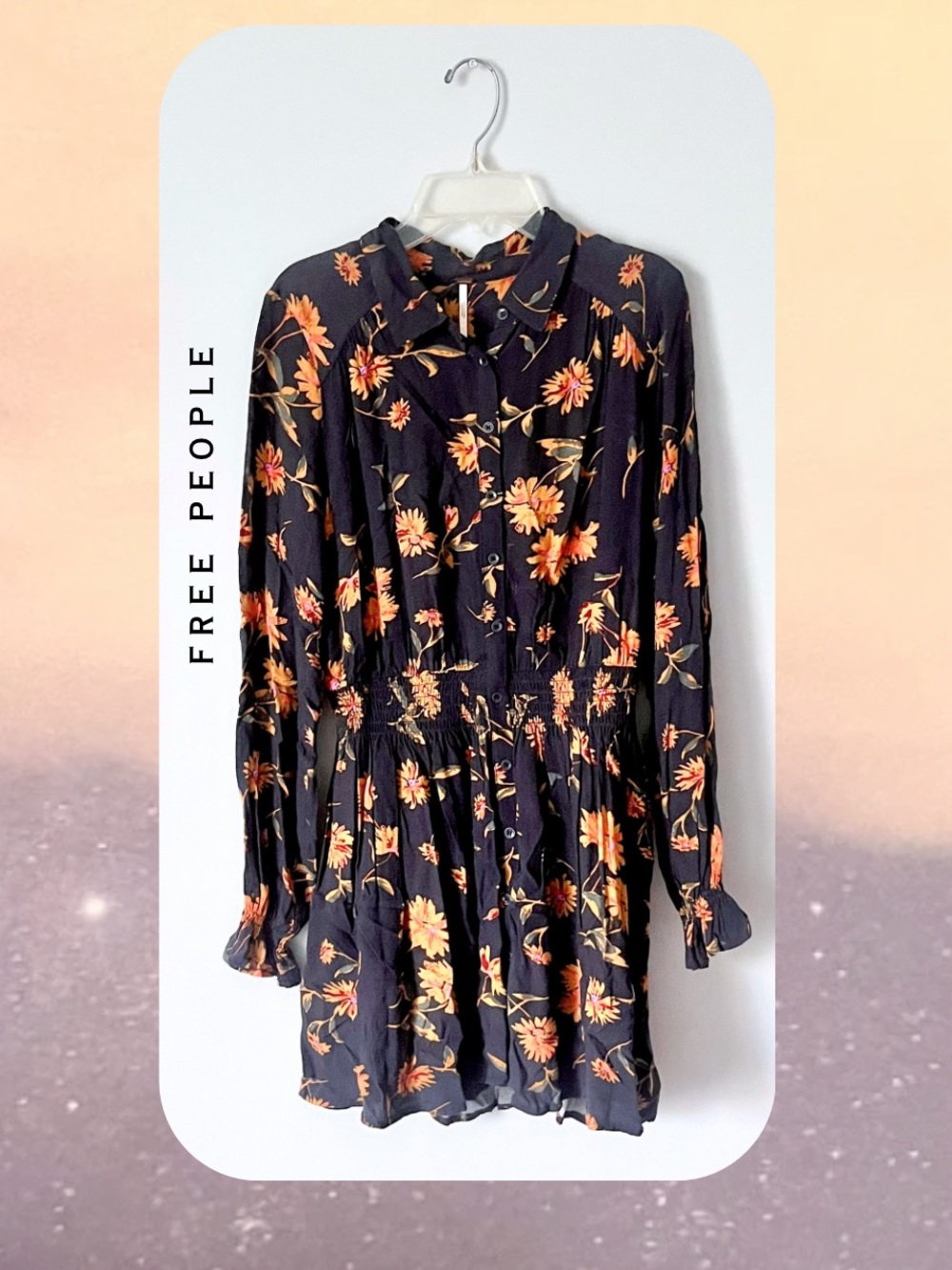 Free People Floral Button-Front Long Sleeve Mini Swing Dress in Navy and Orange